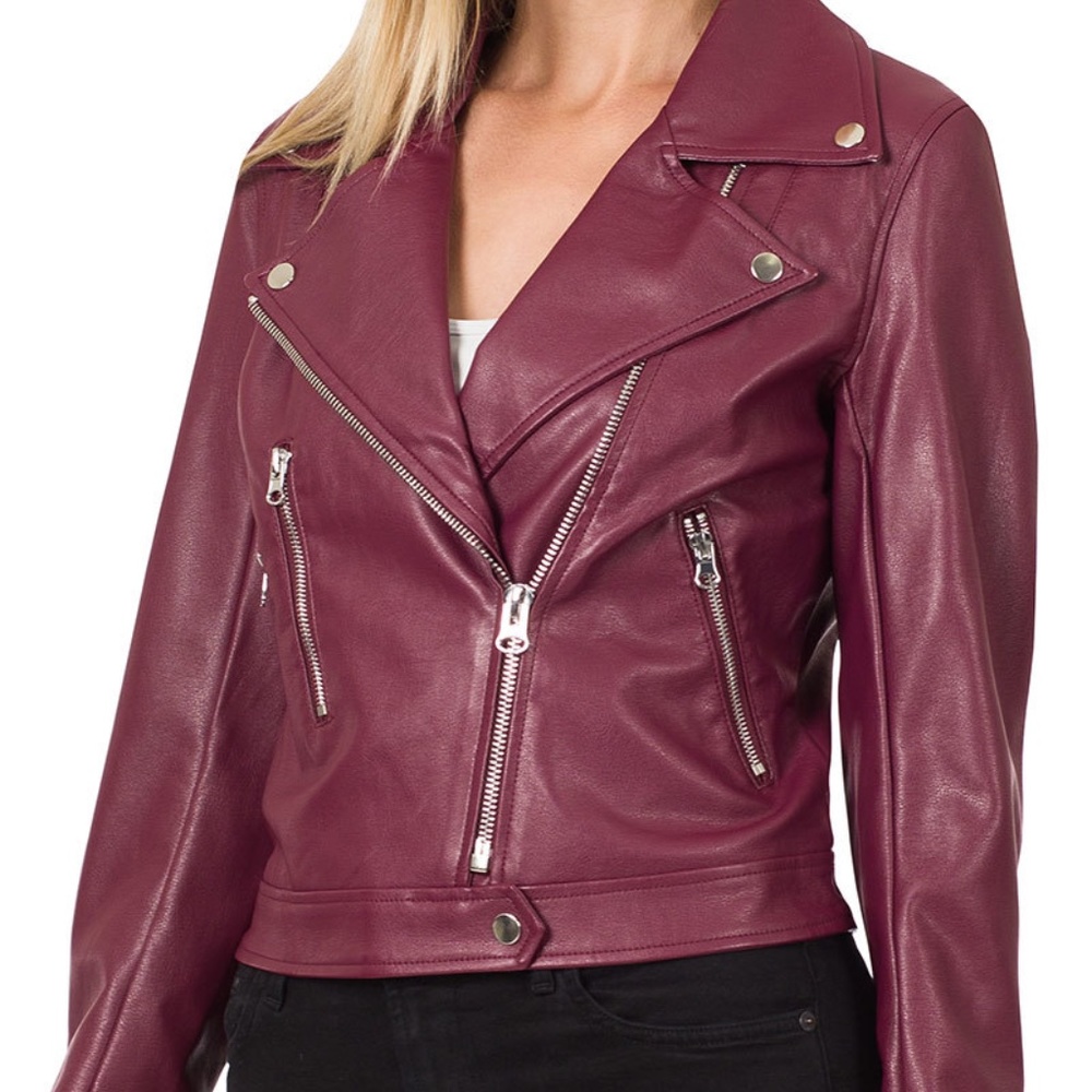 Zenana Outfitters Women's Faux Leather Moto Jacket in Wine